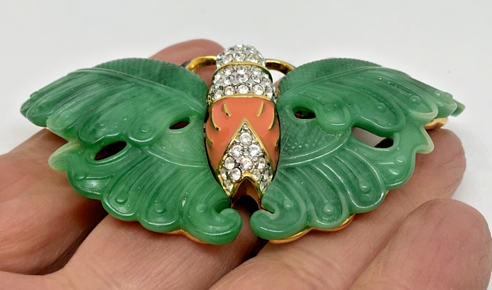 Vintage Signed Kenneth Jay Lane KJL Faux Carved Jade Butterfly Brooch Pin