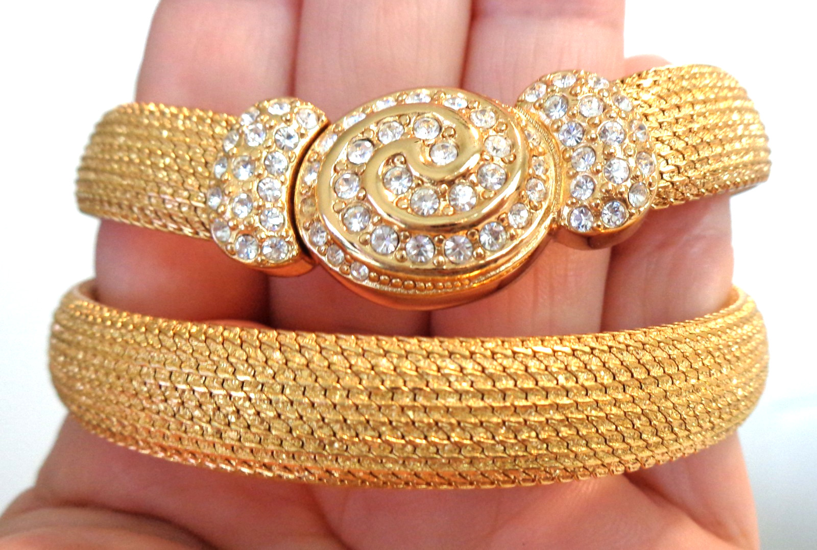 CHRISTIAN DIOR Signed, Authentic, Vintage, Gold Tone, Clear Rhinestones Swirl Me
