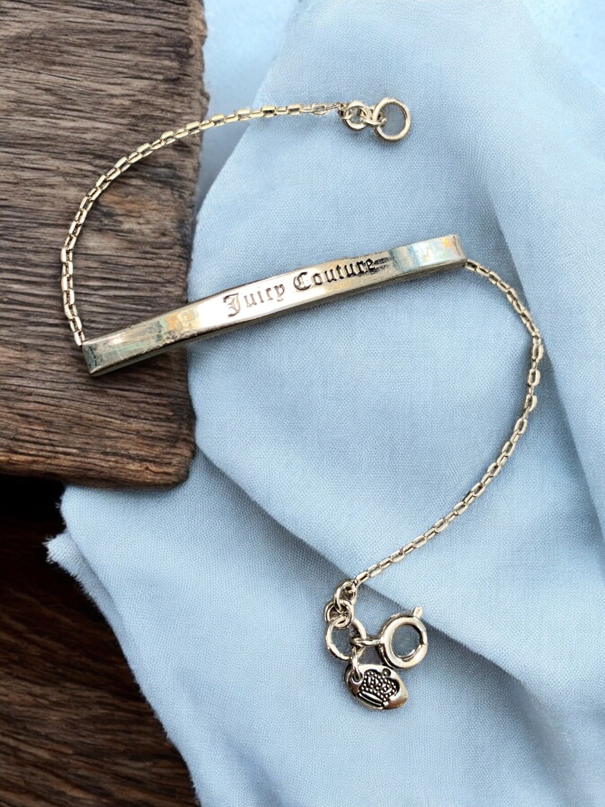 Vintage Juicy Couture Delicate Silver Tone ID BRACELET 7” Chain Crown
