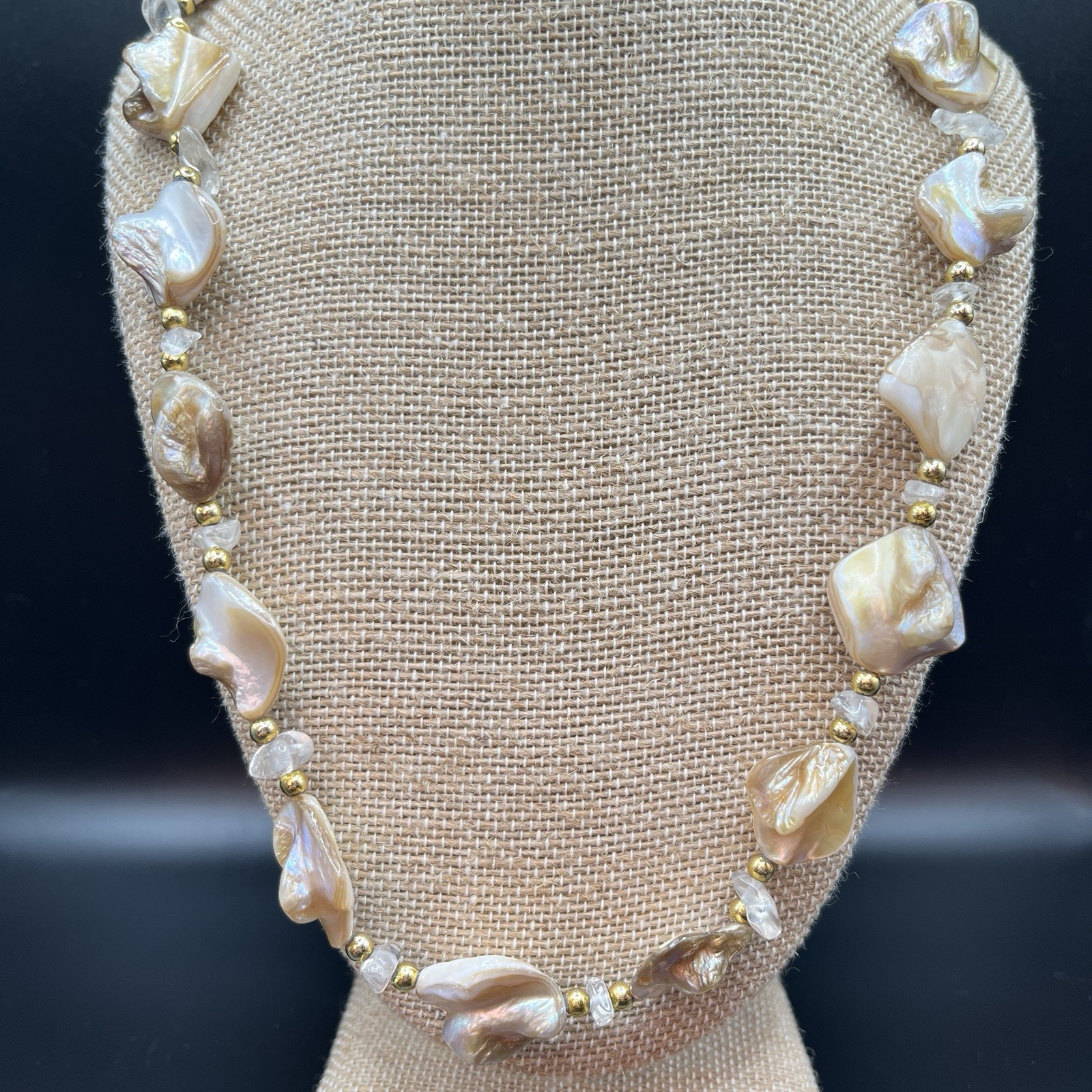Vintage Beaded Shell Mother of Pearl Necklace Peach Cream Beige Pearlescent 19”