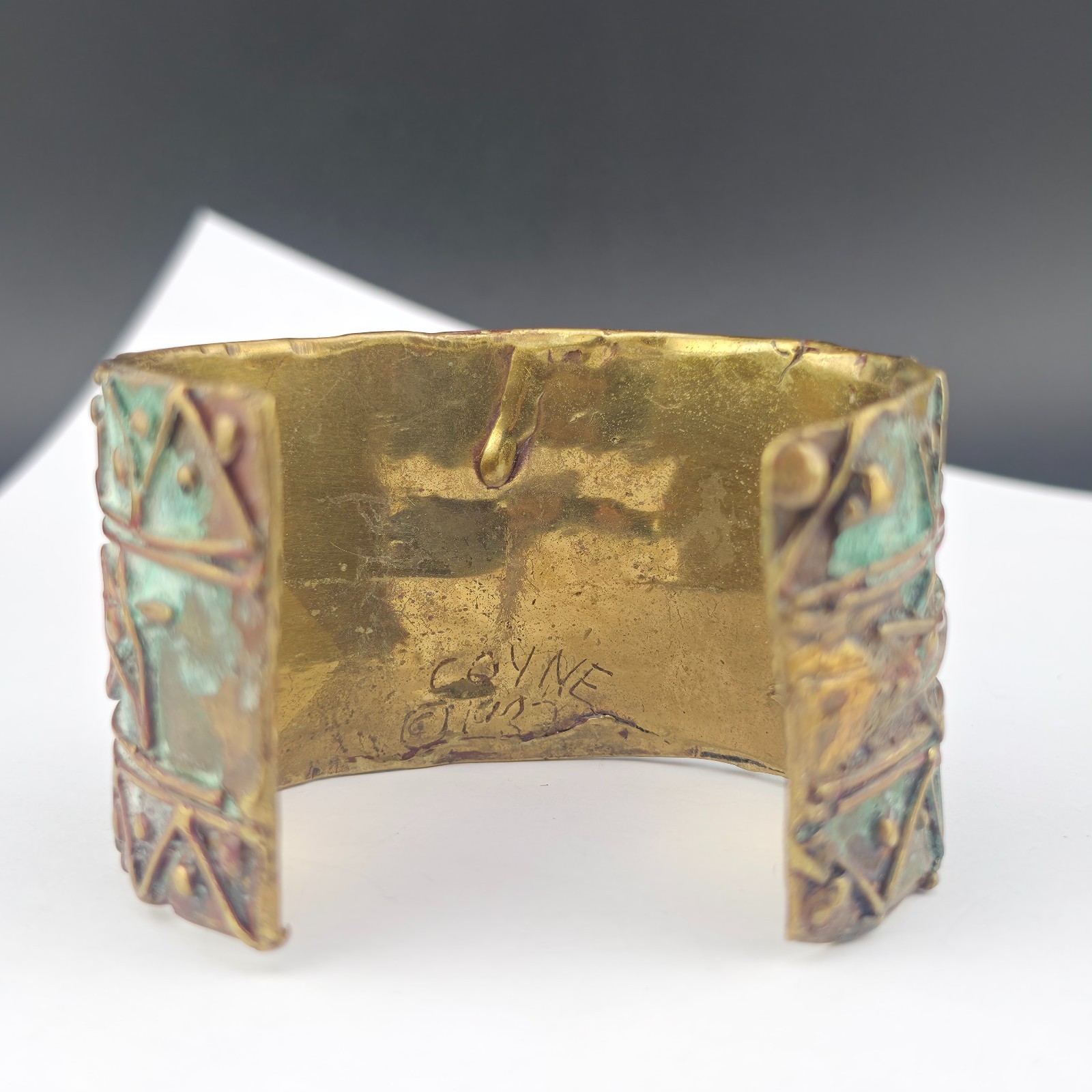 Chunky Vintage Elaine Coyne Verdigris Brass Clip Earrings & Cuff Bracelet Set